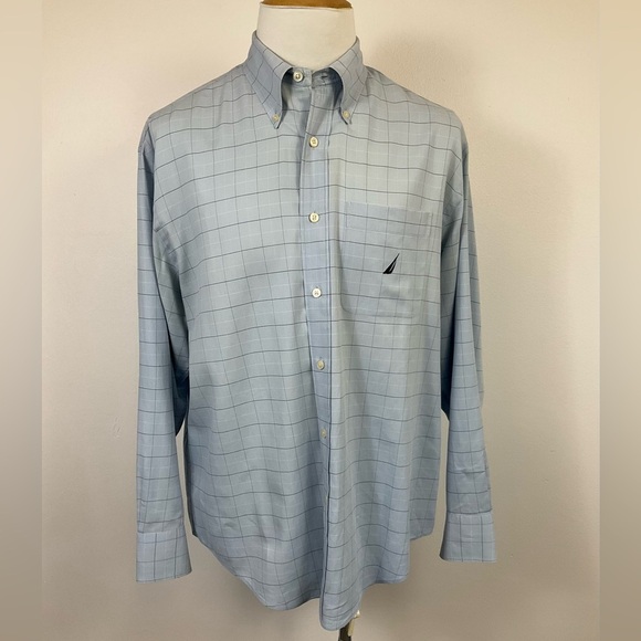 NAUTICA Men's Blue Windowpane Dress Shirt Button Down Collar 100% Cotton, sz LG - Picture 1 of 8